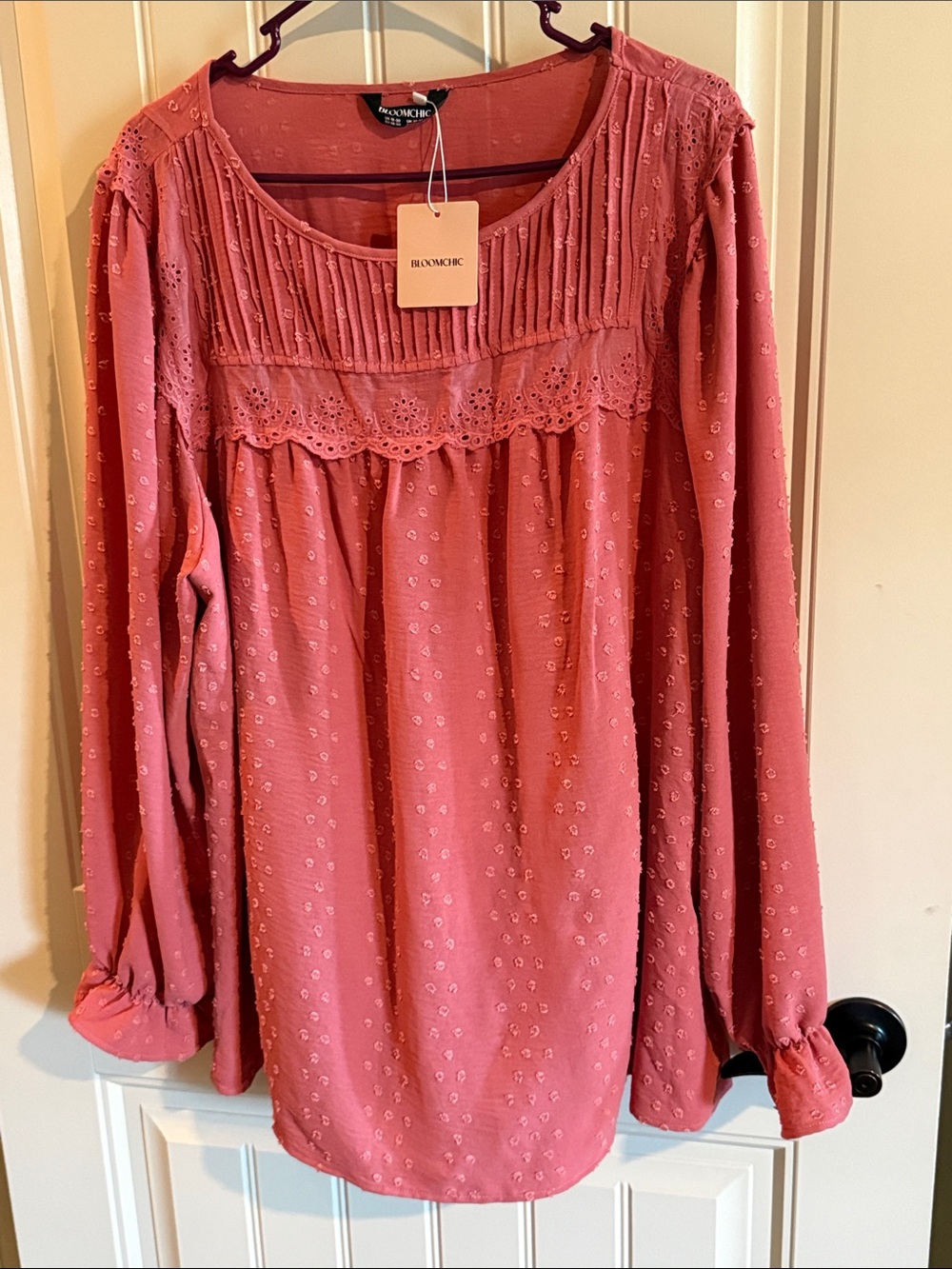 BloomChic Salmon Pink Long-Sleeve Eyelet Textured Peasant Top